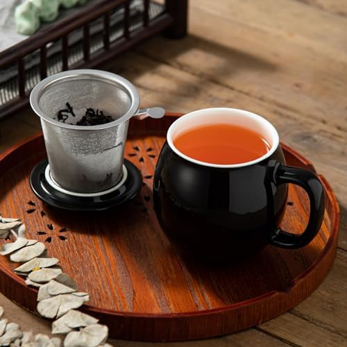 Yundu 12 OZ Brilliant Black Ceramics Teacup with Infuser and Lid, Mug with Lid for Steeping - Stainless Steel Infuser for Loose Leaf Tea, Home Office Gift for Tea Lovers