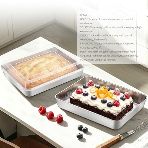 Stainless Steel Baking Pan with Lid, 2-Pack Rectangular Cake Pan Set, Non-Toxic & Heavy Duty Metal Bakeware for Brownie, Lasagna, Casserole, Roasting, Dishwasher Safe