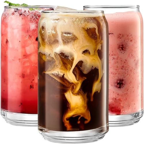 Le'raze Set of 6 Patented Can Shaped® Drinking Glasses - 16oz Clear Goblet Glass Cups for Margarita, Cocktails, Iced Coffee, Tea, Soda, Whiskey, Water and Beer