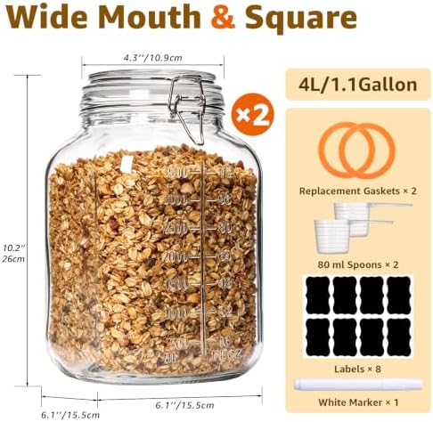 Large Square Glass Jars with Airtight Lids 1.1 Gallon Wide Mouth