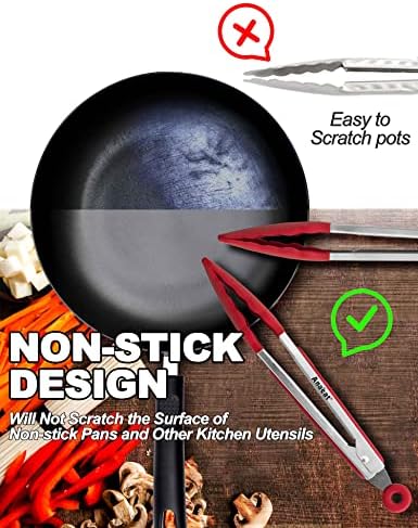 Anaeat Non-Stick Silicone Locking Tong Set of 3 - Stainless Steel 7", 9" and 12" Kitchen Food Tongs with Non-Slip Silicone Tips and Grip for Cooking, Baking and BBQ - Heat Resistant up to 480°F (Red)