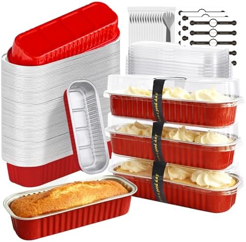 100 Pack Mini Cake Pans with Lids and Spoons, Mini Loaf Baking Pans 6.8oz, Small Disposable Aluminum Foil Loaf Pans, Rectangular Baking Containers for Party and Picnics, Cheesecake Pans (Red)