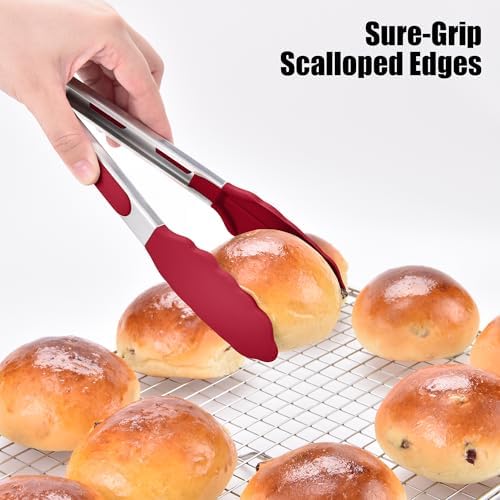 Doosu Kitchen Tongs with Silicone Tips for Cooking Serving (9in, Red)