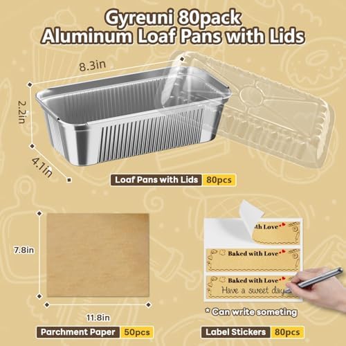 Gyreuni 80 Pack Disposable Aluminum Loaf Pans with Lids, 8.3 x 4.1 Inch