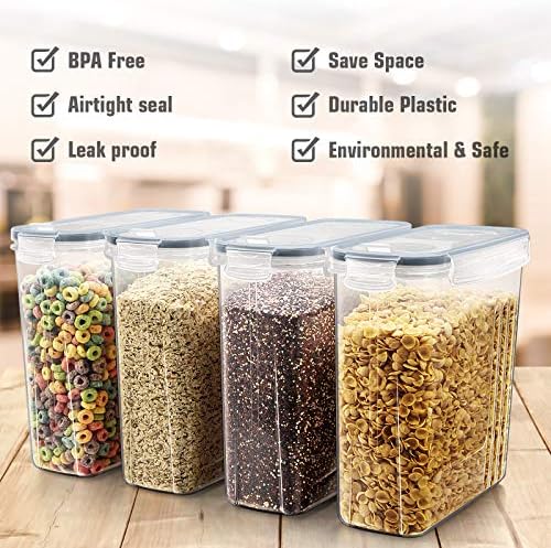 Wildone Cereal Storage Containers Set, Large BPA Free Plastic Airtight Food Storage Containers 4L /135.3oz for Flour, Sugar, 6 Piece Set Cereal Dispensers with 20 Labels & Marker, Grey