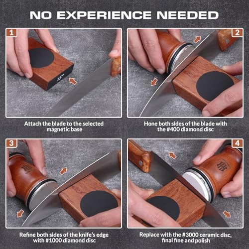 Rolling Knife Sharpener Kit, Kitchen Knife Sharpener with Replaceable Discs Diamond & Ceramic Knife Sharpeners Roller, Magnetic Knife Sharpening Kit with 15 & 20 Degree Base, Afilador De Cuchillos