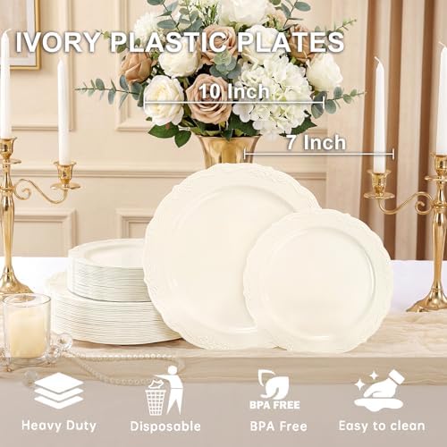 Tinybee 60PCS Ivory Plastic Plates - Heavy Duty Ivory Disposable Plates