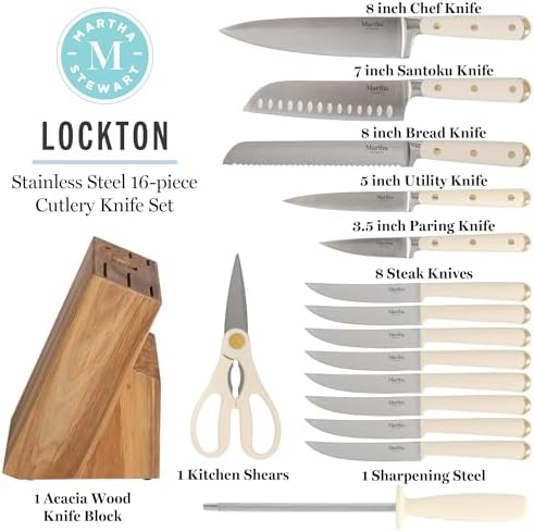 Martha Stewart Knife Block Set 16-Piece - Lockton High Carbon Stainless Steel Forged Full Tang Chef Knives, Acacia Wood Block, Triple Riveted Handles, Linen White & Gold