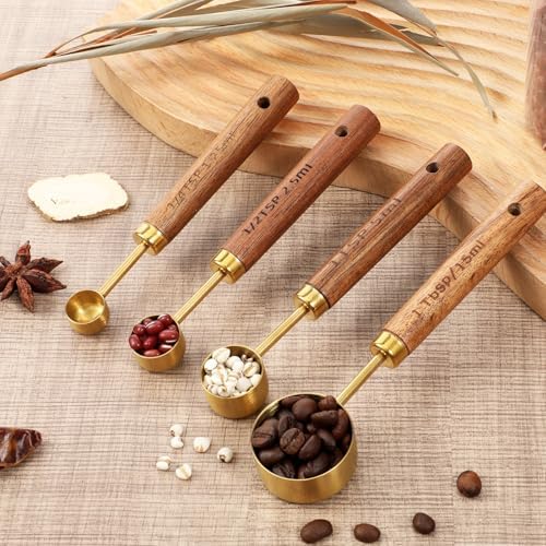 Gold Measuring Spoons Set of 4, Stainless Steel Coffee Measuring Scoop with Wooden Handles Teaspoon Measuring Cups for Coffee Tea Spices Cooking Baking