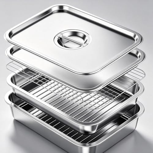 Grill Prep Tray & Serving Tray Set with Lids –5-Piece Grill Carry System for Marinating, Carrying & Serving, Stainless Steel BBQ Trays, BBQ Prep Grill Pan with 2 Lids and 1 Rack