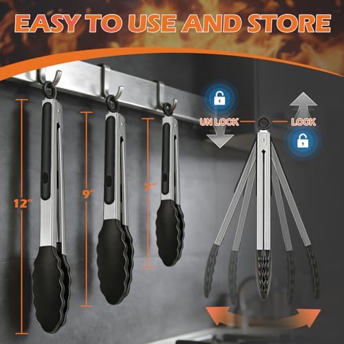 TACGEA Stainless Steel Kitchen Tongs with Silicone Tips, Locking Grilling Food Tongs, 7" 9" and 12", Set of 3 Black