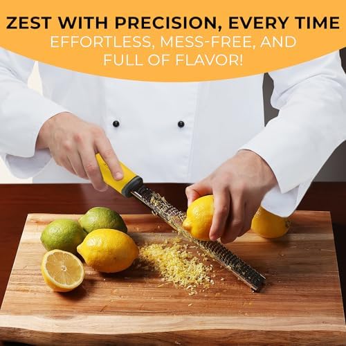 Orblue Lemon Zester & Cheese Grater - Premium Citrus Zester, Kitchen Grater for Parmesan, Chocolate, Fruits, Vegetables, Ginger, Garlic, Nutmeg - Stainless Steel Blades with Protective Cover, Yellow