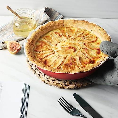 Sweejar Ceramic Pie Pan - 10 Inch Round Baking Dish for Dinner, Non-Stick with Soft Wave Edge for Apple, Pumpkin, Pot Pies (Red)