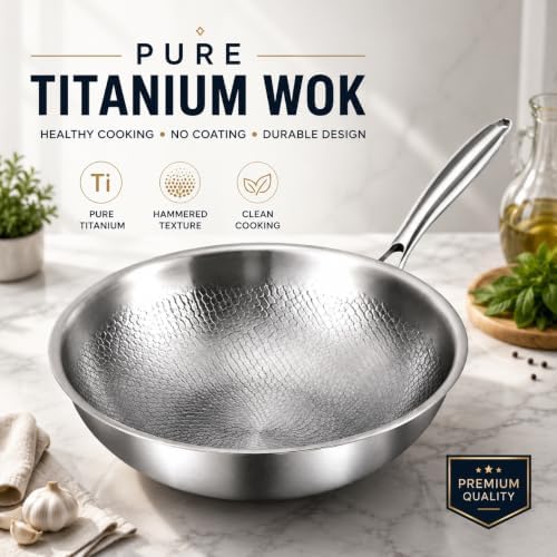 Toutrop Titanium Wok with Lid, Titanium Wok Pan for Cooking, Non Stick Titanium Frying Pan, No Coating Titaniums Nutri Pans, PFAS/PFOA/PTFE Free, Titanium Cookware with All Cooktops