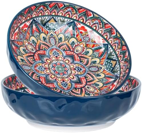 75 Oz Serving Bowls,Bohemian Style Large Porcelain Dishes for Entertaining Parties,Big Bowls for Eating Soup, Salad, Pasta, Fruit, Chips, 10.3 Inch Diameter (blue blue)