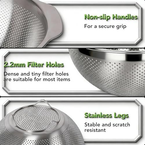 304 Stainless Steel Colander, 2.5 QT Capacity and 2.5 QT Mixing Bowl, Micropore Strainer for Washing Rice, Fruit, and Veggies, Perfect Draining for Cooked Pasta