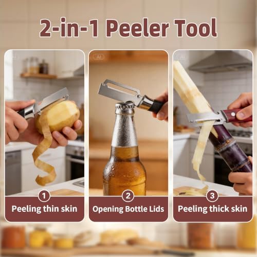 Vegetable Peeler, 2-in-1 Stainless Steel Potato Peeler with Bottle Opener, Multifunctional Kitchen Tool for Carrot Cucumber Pumpkin(2 Pack)