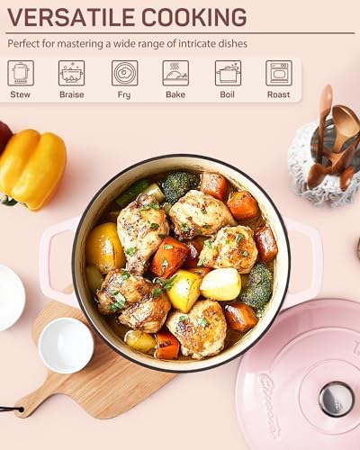 Ciwete Enameled Cast Iron Dutch Oven Pot, 4.4 Quart, Light Pink