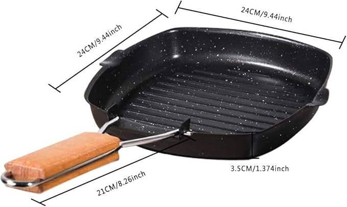 Non-stick Grill Pan with Folding Handle for Meat, Fish and Vegetables For All Heat Sources 24cm/9.4IN for Stove Tops, Induction, Black