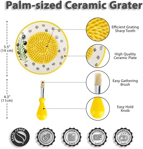 Handmade Ceramic Garlic Grater - 4 Pcs Garlic Press - Natural Ginger & Cheese Grinder - Decorative Mincer - Honey Yellow