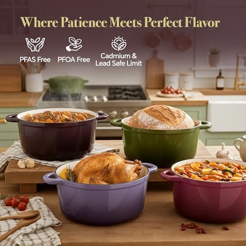 Vintage Style 4.5 Quart Dutch Oven Pot with Lid, Non Stick Enameled Cast Iron Dutch Oven for Bread Baking, Heavy-Duty, Oven Safe Ceramic Cookware Up to 500°F for Baking, Braising, Stews, Roasting, Fig