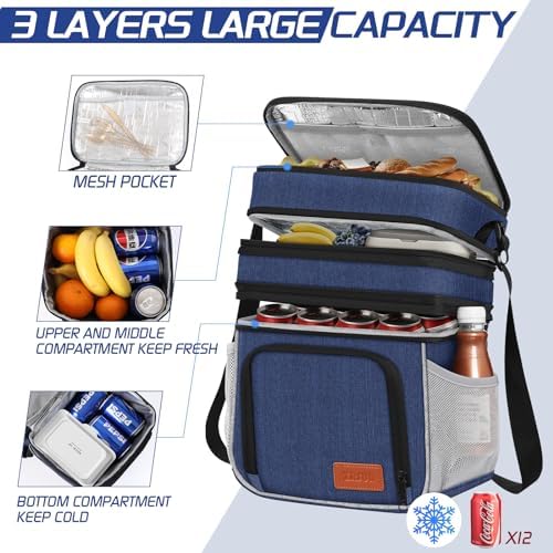 ZRSUN Insulated Lunch Bag for Women Men, Reusable 3 Layers Lunch Box Women, Expandable Reusable Water-resistant Lunch Box for Work Travel Office Picnic Hiking (Navy Blue)