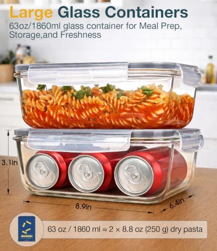 Large Glass Food Storage Containers with Lids, 2 Pack, 8 Cups/ 63oz