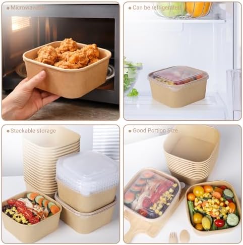 50 Sets 47 oz Disposable Kraft Paper Bowls with Lids - Square