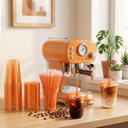 tchrules 100 Set 16oz Orange Plastic Iced Coffee Cups with Lids & Straws