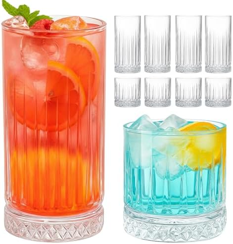 Ruckae Drinking Glasses Set of 8,15 oz and 7 oz Kitchen Water Glass Cups Set,Clear Ribbed Glassware Dishwasher Safe,Mixed Drinkware for Beer,Juice,Cocktail,Whiskey,Milk and Various Mixed Drinks