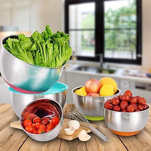 Wildone Mixing Bowls with Airtight Lids Set, 5PCS Stainless Steel Nesting Bowls for Kitchen, with Grater Attachments & Non-Slip Bottoms, Size 5, 3, 2, 1.5, 0.63 QT, for Baking & Serving (Colorful)