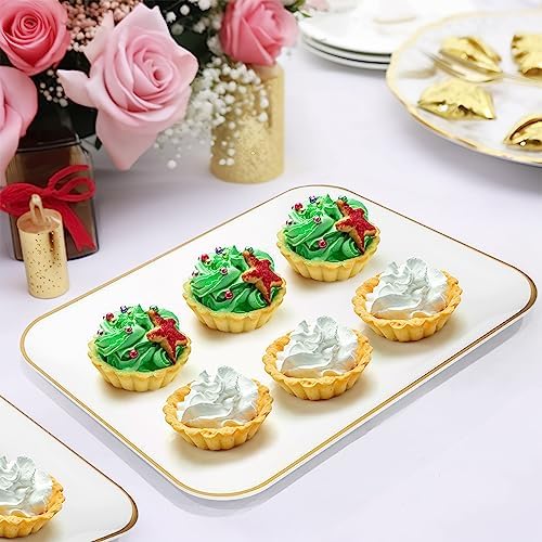 R-kay 3 Pack Plastic Serving Trays for Party - White and Gold Tray 8 by 11 in Heavy Duty Dessert Food Rectangular Premium Platters