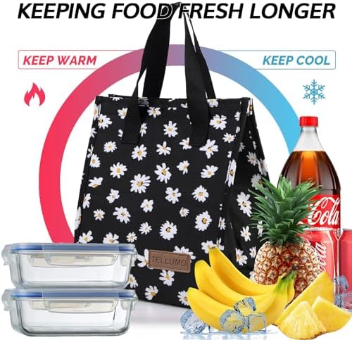TELLUMO Black Daisy Lunch Bag, Insulated Cute Lunch Bags for Women, Small Reusable Leakproof Lunch Box Tote Container for Work Office Travel Beach