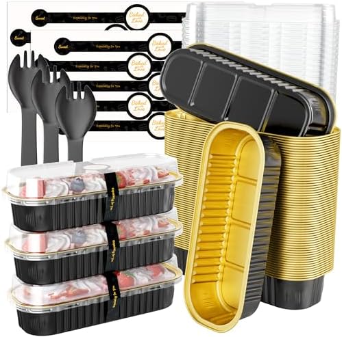 100 Pack Mini Loaf Pans with Lids and Spoons, 6.8oz Mini Cake Pans for Baking, Disposable Rectangle Aluminum Foil Small Loaf Baking Pans Cake Tins, Individual Small Cake Containers with Sticker, Black