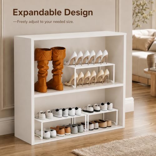 Extendable Metal Wire Shelf Organizer - Adjustable 15-24.4in Length, Stackable Storage Rack for Kitchen/Pantry/Bathroom/Shoe Cabinet/Tool Closet (4, White)