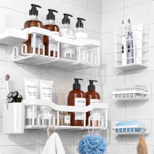 NESOMI Shower Caddy Adhesive Shower Organizer 7-Pack, Rustproof Stainless Steel Bathroom Shelves, Large Capacity No-Drill Rack Storage Accessories with Soap Dish Toothbrush Holder Hooks