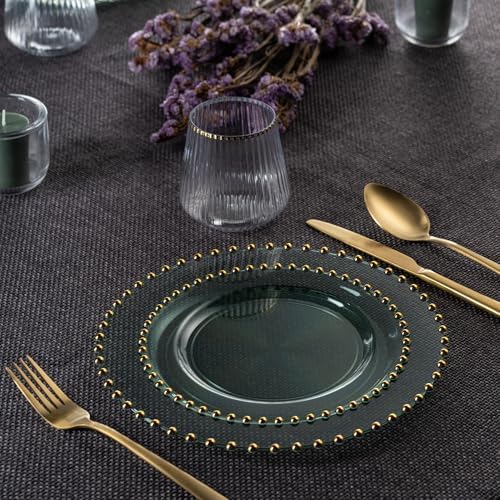 PLASTICPRO 128 Piece Combo Plastic Dinner Plates Disposable Plastic Fancy Heavy Duty Party Dishes 7 inch and 10 inch, Translucent Green and Gold Beaded