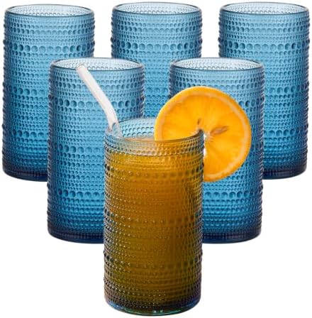 Vintage Hobnail Drinking Glasses Set of 6, 16 oz Large Capacity Embossed BlueTumblers, Highball Glasses for Water, Cocktail, Beer, Whiskey, Kitchen & Bar Use