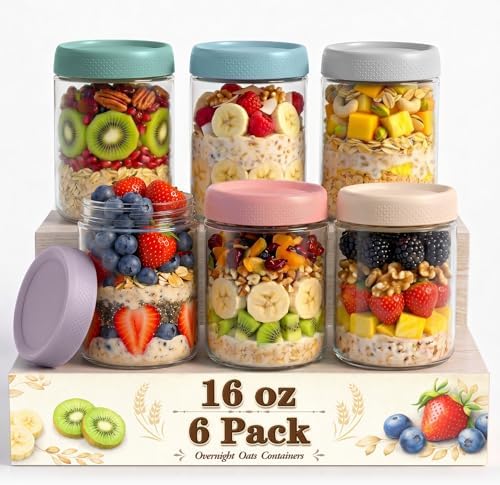 Mason Jars, 16 oz Overnight Oats Containers with Lids, Glass Jar with Lid