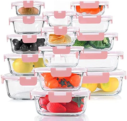 KOMUEE 30 Pieces Glass Food Storage Containers Set, Pink