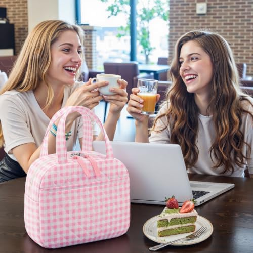 WOBAGMEN Quilted Lunch Box for Women,Coquette Aesthetic Lunch Box,Cute Pink Gingham Lunch Bags for Work,Office,Picnic,Travel(Pink Gingham)