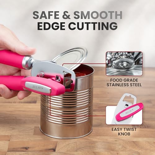 Zulay Kitchen Manual Can Opener Heavy Duty Patented Stainless Steel, Berry