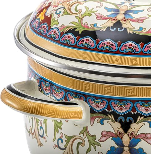 ZENFUN Kitchen Enamel Stockpot with Lid, 3.7 Quart Vintage Nonstick Steamer Pot, Thicken Large Soup Pot with Handles Retro Flower Cooking Stew Bean Pot, Safe for Induction Cookers