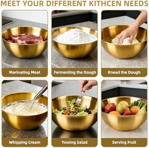 3-Set Stainless Steel Golden Mixing Bowls Set (0.74, 1.26 & 2.2 Qt) Metal Bowl Sets with Measurement Marks, Dishwasher Safe & Stackable - For Baking, Salad Making, Meal Prep and Kitchen Use