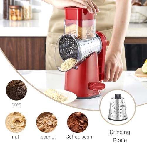 Weltonhm 4 in 1 Large Rotary Cheese Grater Hand Crank (red, 3 Graters)