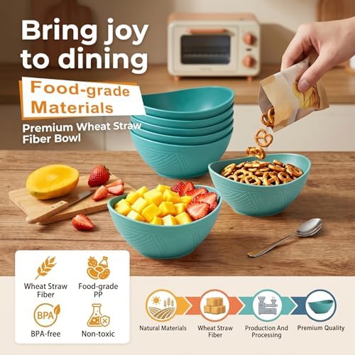 Soup Bowls Sets of 6, Unbreakable Wheat Straw Bowls 26oz - Green