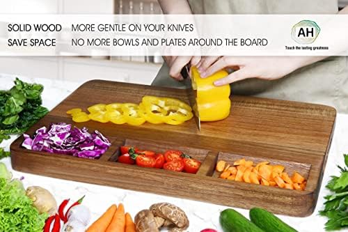 AZRHOM Large Acacia Wood Cutting Board for Kitchen 17x12x1.5 with 3 Compartments, Handles & Juice Groove, Non-Slip Mats, Thick Heavy Duty Butcher Block Charcuterie Board (Gift Box Included)
