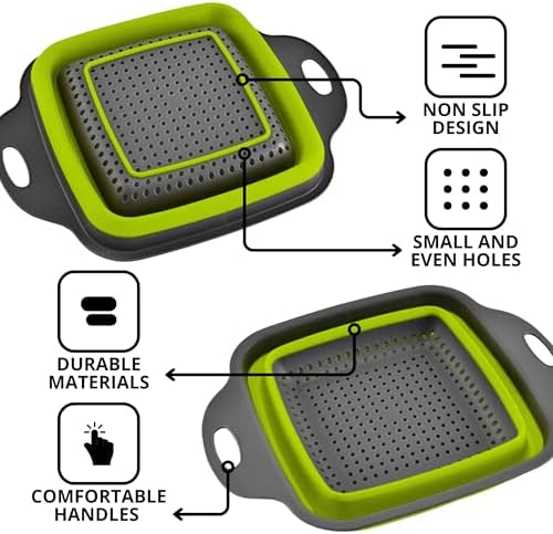 Square Collapsible Colander with Handles – Green Square Silicone Kitchen Strainers with Plastic Handles Foldable Kitchen Strainer Perfect for Draining Pasta Vegetable and Fruit Green