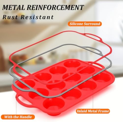 CAKETIME Silicone Muffin Pan with Metal Reinforced Frame Regular Size Muffin Pan with Handle Easy to Move 12 Cups for Baking Nonstick Muffin Tin BPA Free 1 Pack Red