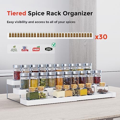 2 Pack Expandable Spice Rack Organizer for Cabinet - 3 Tier Adjustable Cabinet Spice Organizer Easy Visibility - Spice Organizer for Cabinet Countertop Cupboard Pantry Organization (White)